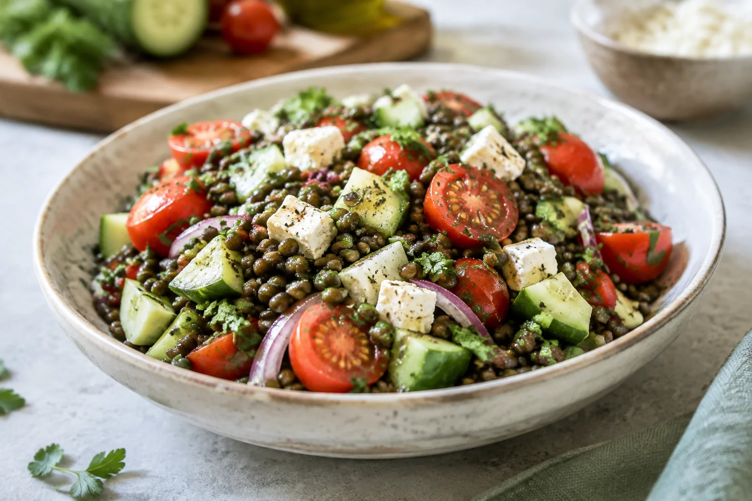 Salade de lentilles vertes au concombre, feta et tomates cerises
