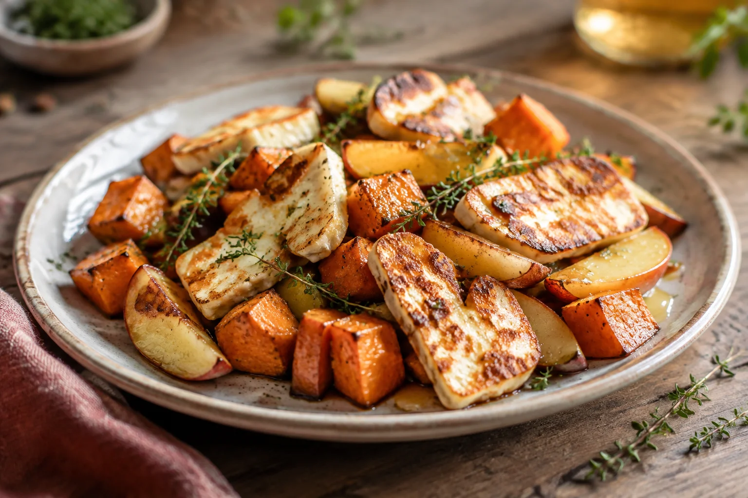 Poêlée de patate douce et halloumi grillé au miel et thym